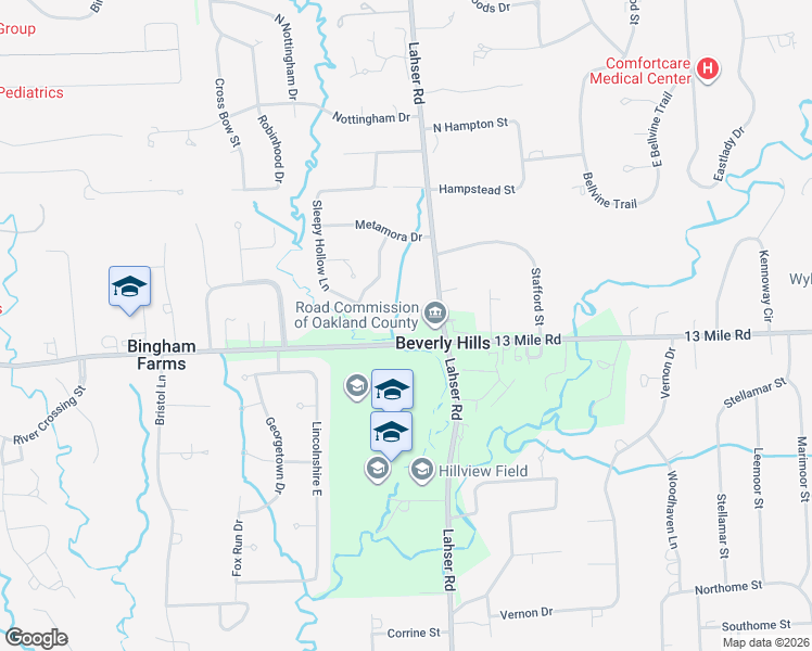 map of restaurants, bars, coffee shops, grocery stores, and more near 31111 Lahser Road in Beverly Hills