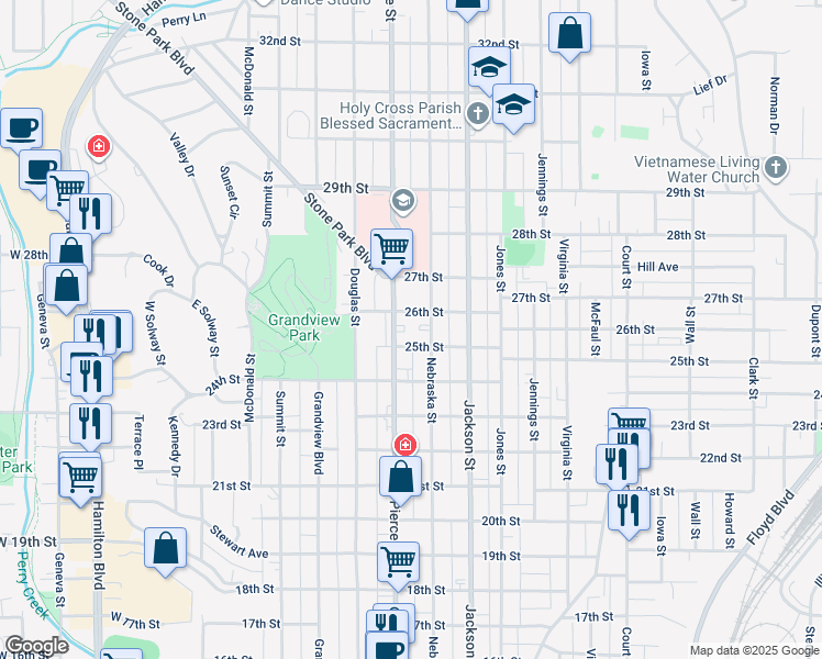 map of restaurants, bars, coffee shops, grocery stores, and more near 2562 Pierce Street in Sioux City