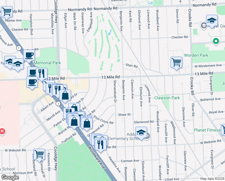 map of restaurants, bars, coffee shops, grocery stores, and more near 2611 Essex Street in Royal Oak