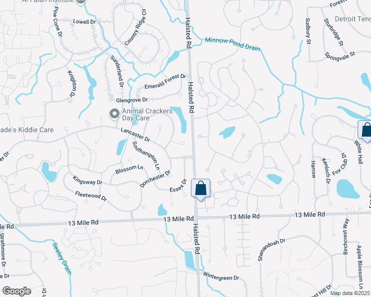 map of restaurants, bars, coffee shops, grocery stores, and more near 30551 Essex Drive in Farmington Hills
