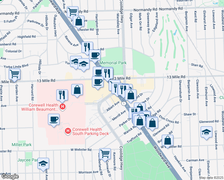 map of restaurants, bars, coffee shops, grocery stores, and more near 30955 Woodward Avenue in Royal Oak