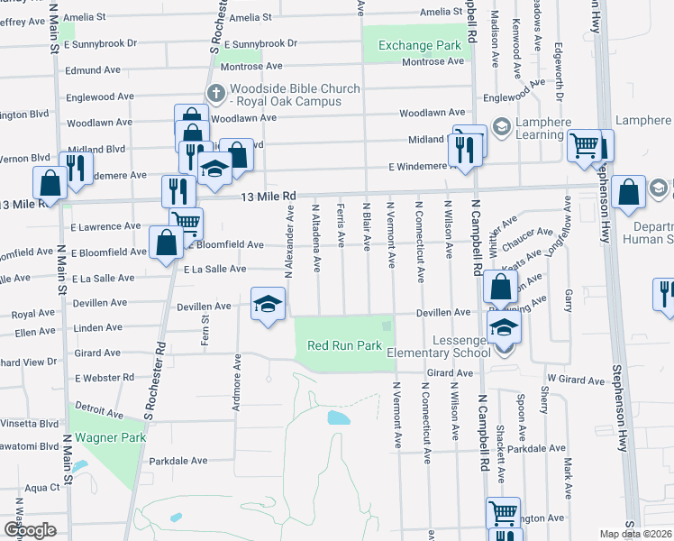 map of restaurants, bars, coffee shops, grocery stores, and more near 2926 North Altadena Avenue in Royal Oak