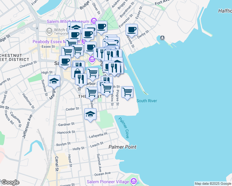 map of restaurants, bars, coffee shops, grocery stores, and more near 38 Perkins Street in Salem
