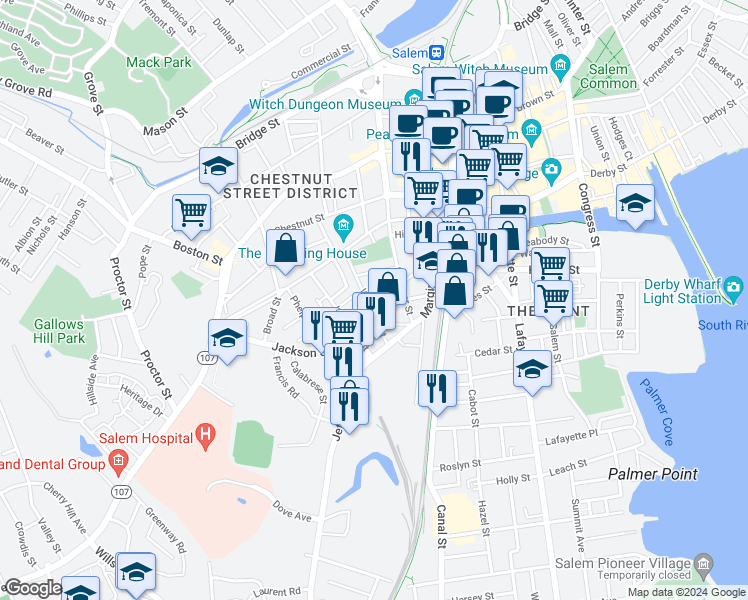 map of restaurants, bars, coffee shops, grocery stores, and more near 70 Winthrop Street in Salem
