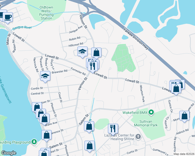 map of restaurants, bars, coffee shops, grocery stores, and more near 115 Lowell Street in Wakefield