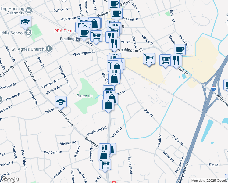 map of restaurants, bars, coffee shops, grocery stores, and more near 295 Massachusetts 28 in Reading
