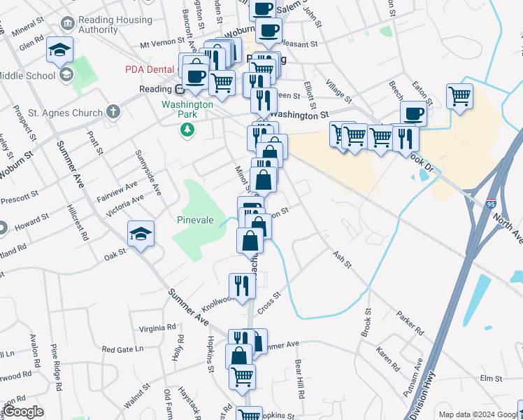 map of restaurants, bars, coffee shops, grocery stores, and more near 295 Massachusetts 28 in Reading