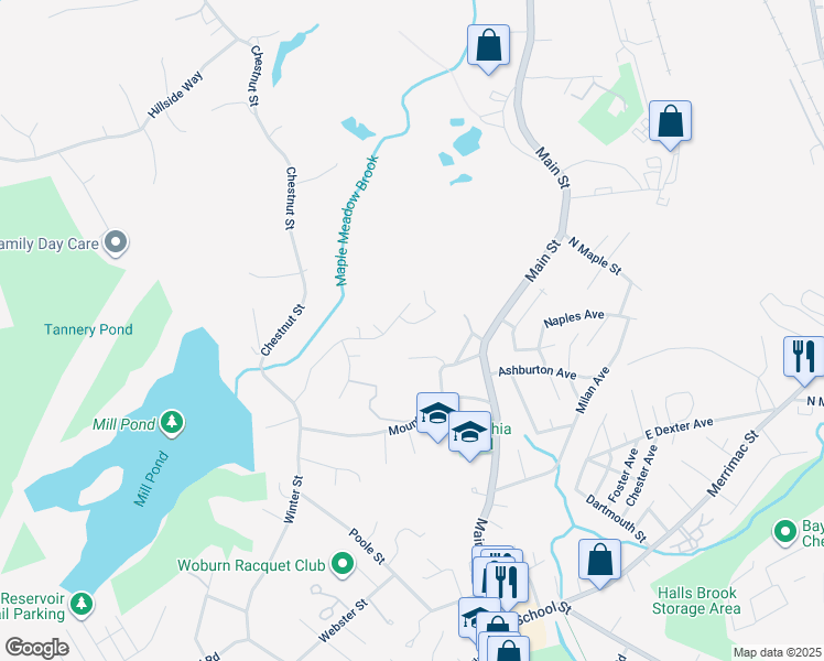 map of restaurants, bars, coffee shops, grocery stores, and more near 9B Kearsarge Avenue in Woburn