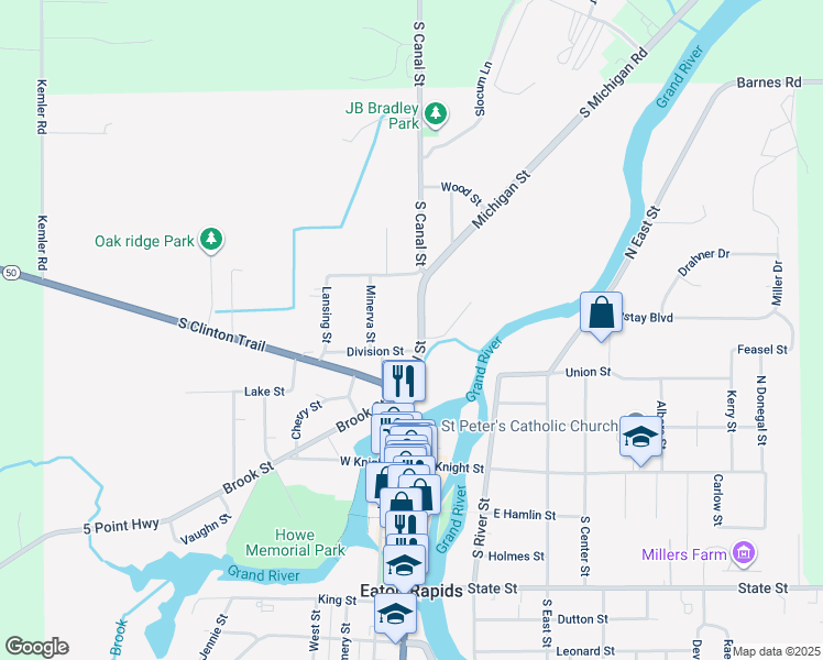 map of restaurants, bars, coffee shops, grocery stores, and more near 332 Canal Street in Eaton Rapids