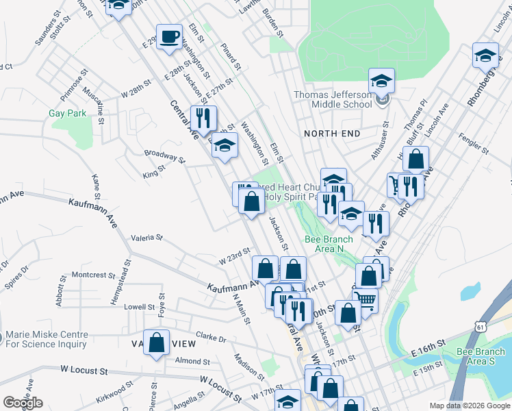 map of restaurants, bars, coffee shops, grocery stores, and more near 2345 White Street in Dubuque