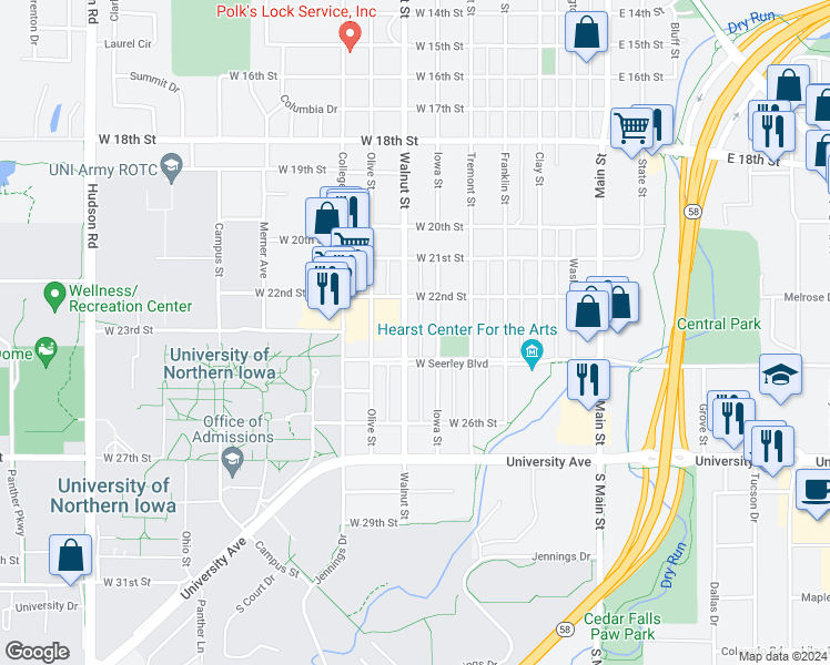 map of restaurants, bars, coffee shops, grocery stores, and more near 2321 Iowa Street in Cedar Falls