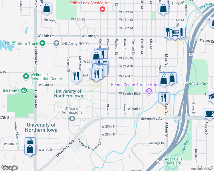 map of restaurants, bars, coffee shops, grocery stores, and more near 2332 College Street in Cedar Falls