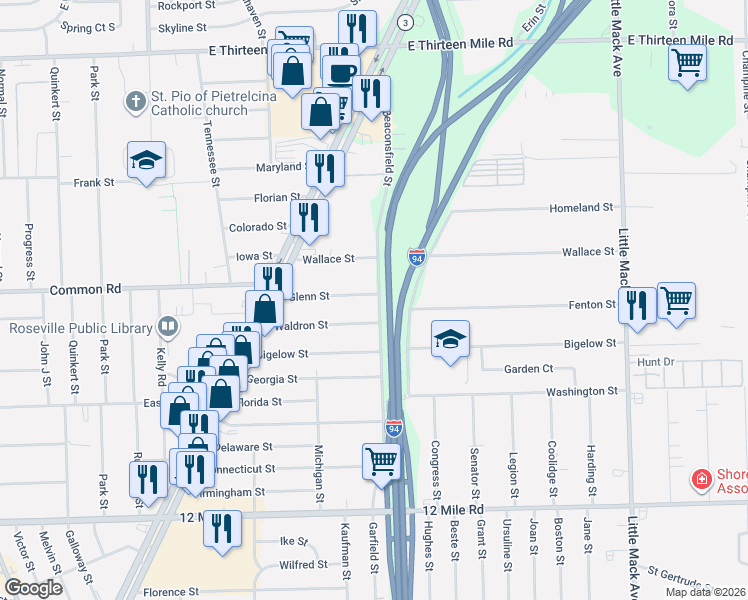 map of restaurants, bars, coffee shops, grocery stores, and more near 19569 Waldron Street in Roseville