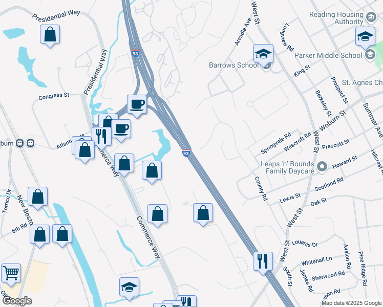 map of restaurants, bars, coffee shops, grocery stores, and more near Northern Expressway in Reading