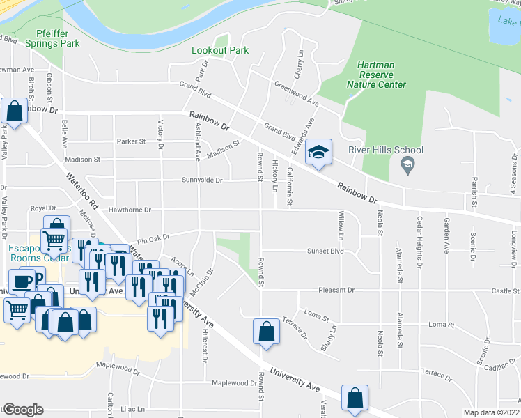 map of restaurants, bars, coffee shops, grocery stores, and more near 2100 Hawthorne Drive in Cedar Falls