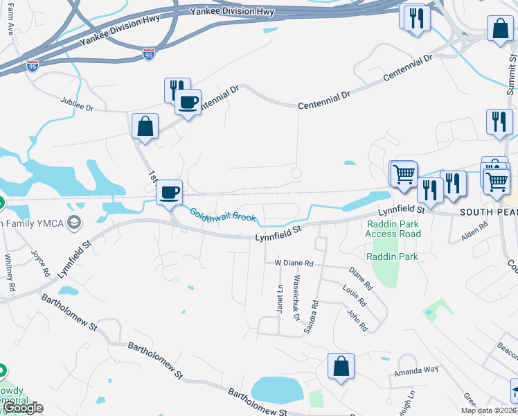 map of restaurants, bars, coffee shops, grocery stores, and more near 3 Robin Road in Peabody