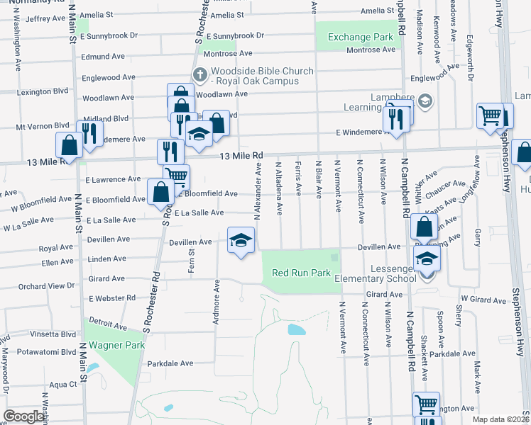 map of restaurants, bars, coffee shops, grocery stores, and more near 2956 North Alexander Avenue in Royal Oak