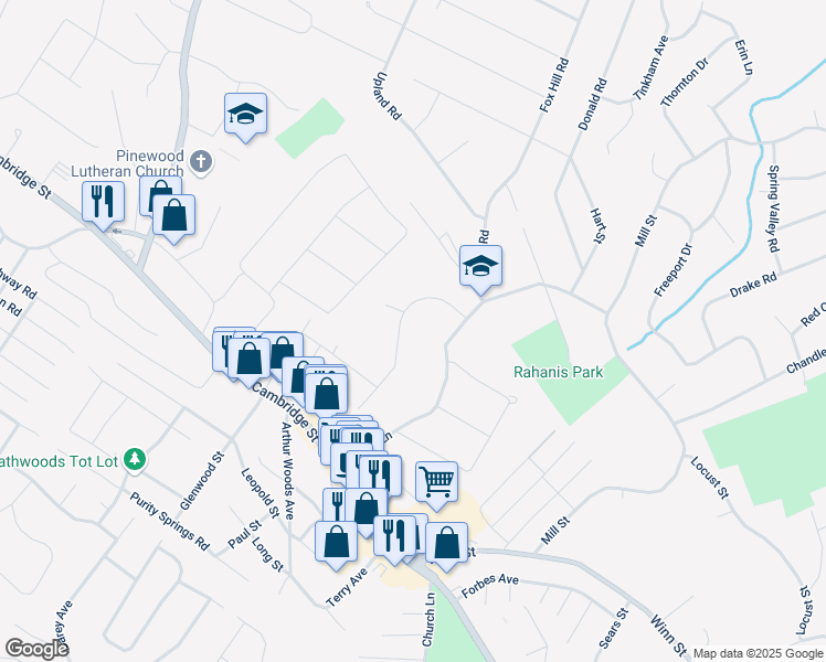 map of restaurants, bars, coffee shops, grocery stores, and more near 6 Maryvale Road in Burlington