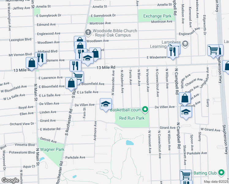 map of restaurants, bars, coffee shops, grocery stores, and more near 3018 North Alexander Avenue in Royal Oak