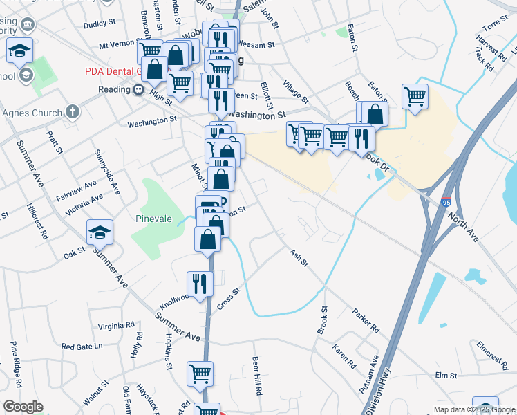 map of restaurants, bars, coffee shops, grocery stores, and more near 251 Ash Street in Reading