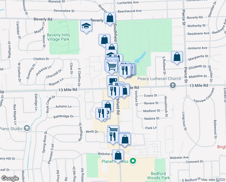 map of restaurants, bars, coffee shops, grocery stores, and more near 18204 West 13 Mile Road in Beverly Hills