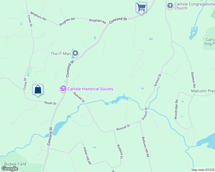 map of restaurants, bars, coffee shops, grocery stores, and more near 81 Russell Street in Carlisle