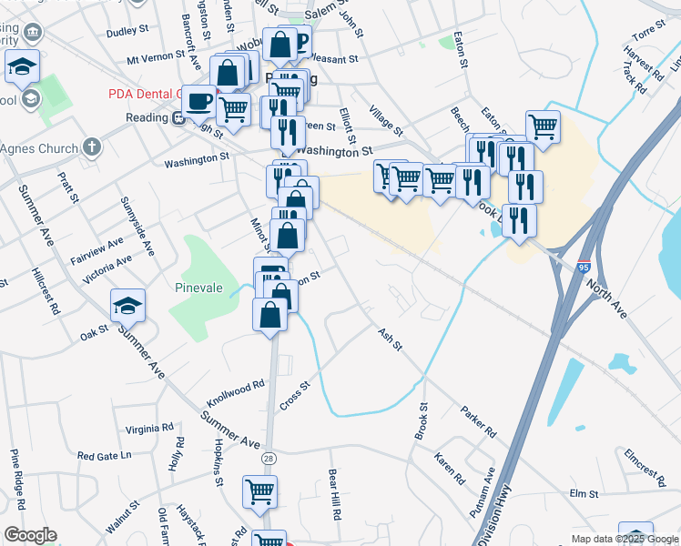 map of restaurants, bars, coffee shops, grocery stores, and more near 251 Ash Street in Reading