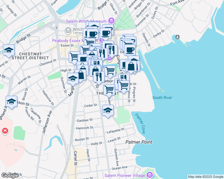 map of restaurants, bars, coffee shops, grocery stores, and more near 32 Harbor Street in Salem
