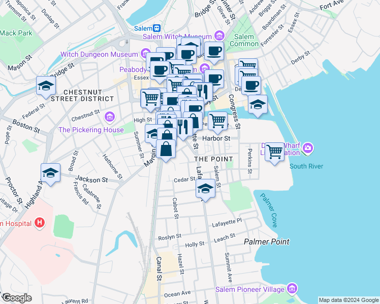 map of restaurants, bars, coffee shops, grocery stores, and more near 131 Lafayette Street in Salem
