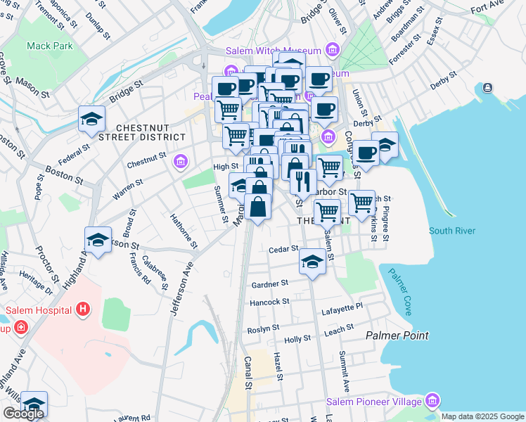 map of restaurants, bars, coffee shops, grocery stores, and more near 5 Pond Street in Salem