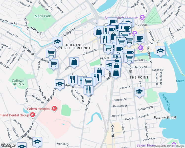 map of restaurants, bars, coffee shops, grocery stores, and more near 11 Mount Vernon Street in Salem