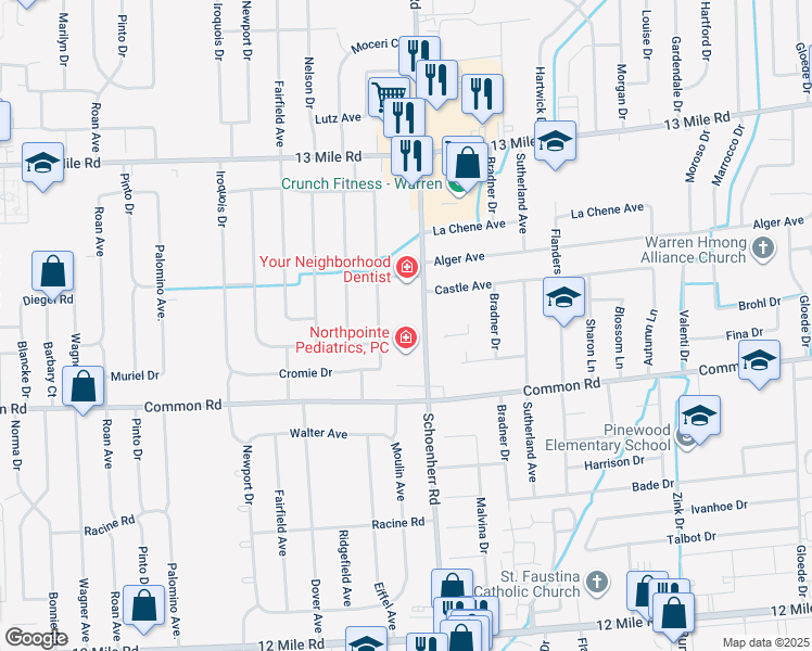 map of restaurants, bars, coffee shops, grocery stores, and more near 30229 Schoenherr Road in Warren