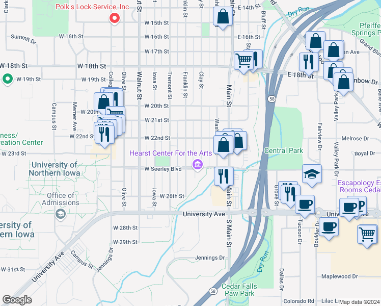 map of restaurants, bars, coffee shops, grocery stores, and more near 2204 Franklin Street in Cedar Falls