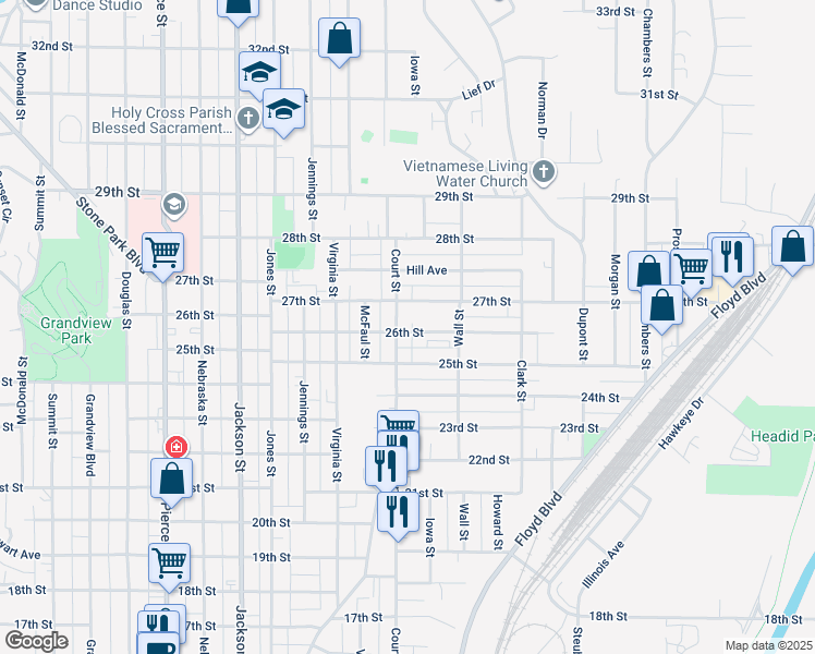 map of restaurants, bars, coffee shops, grocery stores, and more near in Sioux City