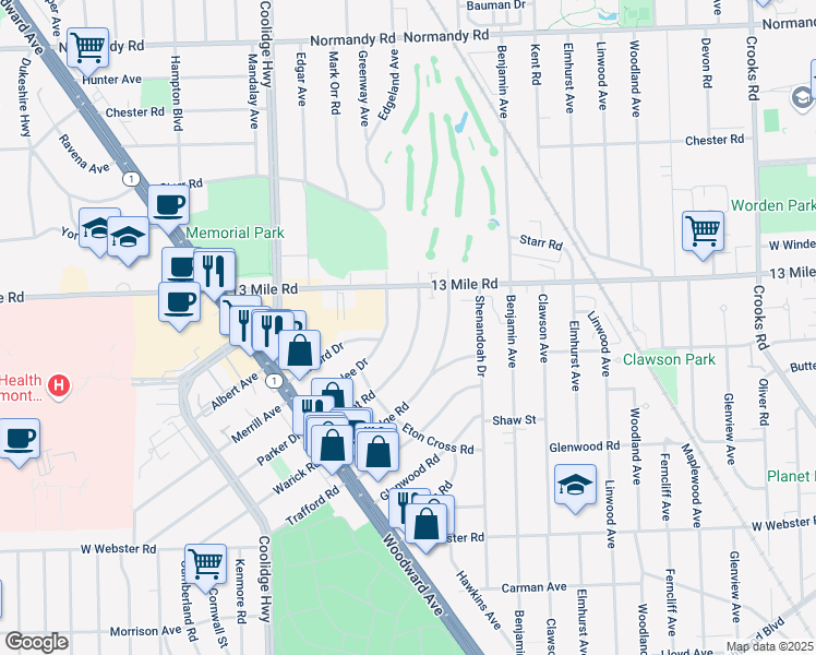 map of restaurants, bars, coffee shops, grocery stores, and more near 2715 Bamlet Road in Royal Oak