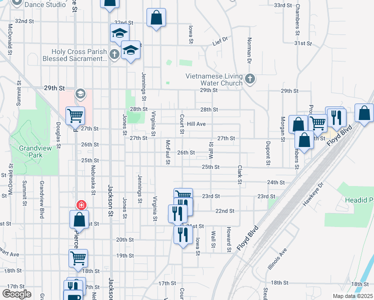 map of restaurants, bars, coffee shops, grocery stores, and more near in Sioux City