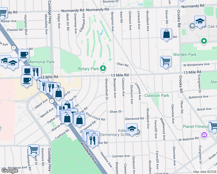 map of restaurants, bars, coffee shops, grocery stores, and more near 3225 Benjamin Avenue in Royal Oak