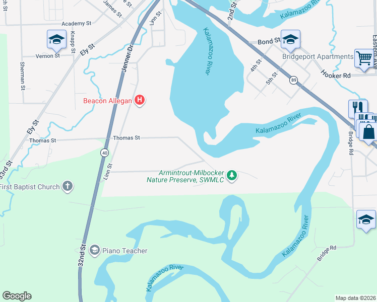 map of restaurants, bars, coffee shops, grocery stores, and more near 174 Thomas Street in Allegan