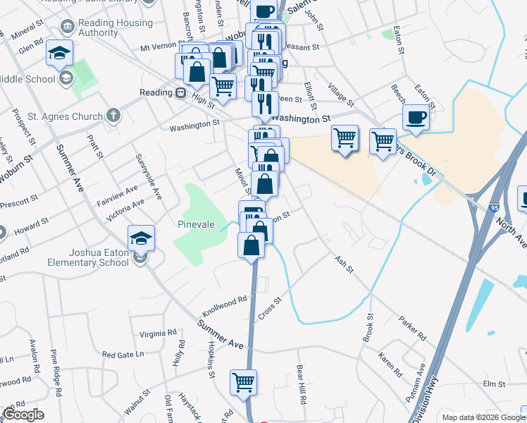 map of restaurants, bars, coffee shops, grocery stores, and more near 309 Main Street in Reading