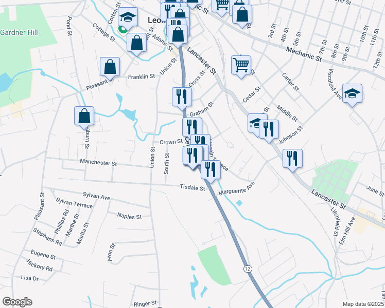 map of restaurants, bars, coffee shops, grocery stores, and more near 2 Bond Street in Leominster