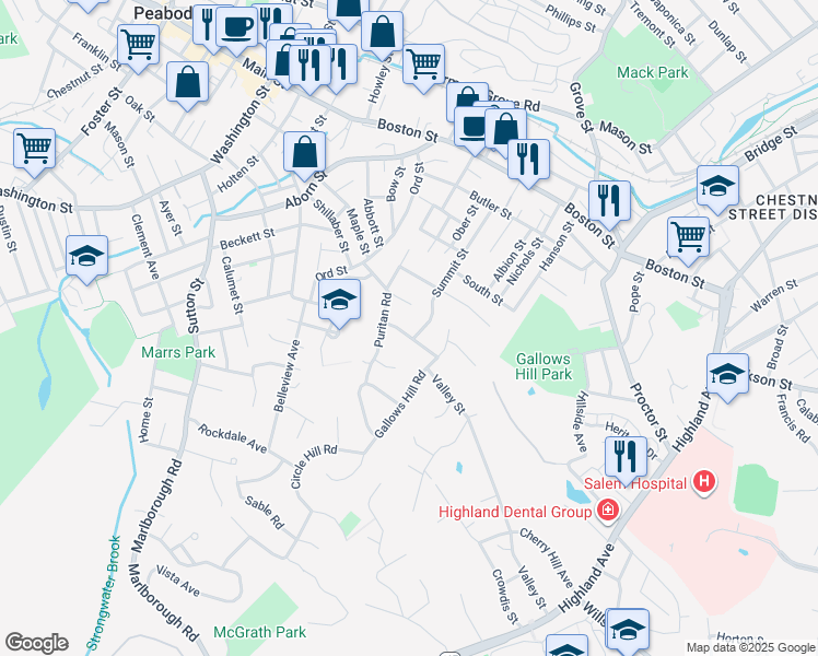 map of restaurants, bars, coffee shops, grocery stores, and more near 2 Pioneer Circle in Salem