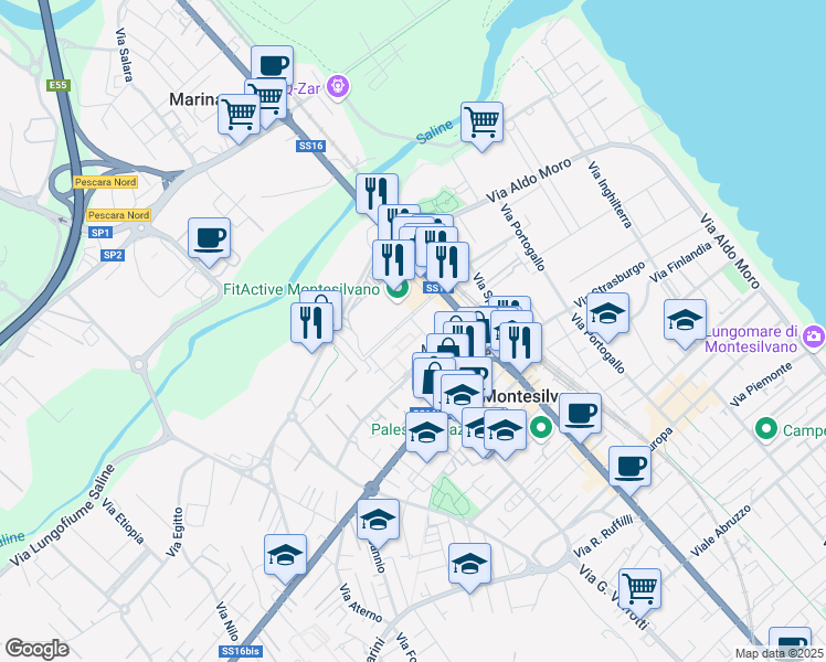 map of restaurants, bars, coffee shops, grocery stores, and more near 16 Corso Umberto I in Montesilvano