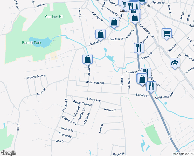 map of restaurants, bars, coffee shops, grocery stores, and more near 63 Manchester Street in Leominster