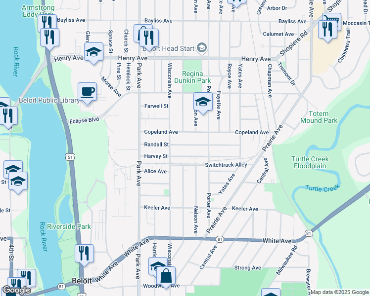 map of restaurants, bars, coffee shops, grocery stores, and more near 1113 Randall Street in Beloit