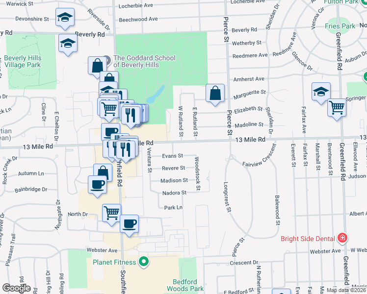 map of restaurants, bars, coffee shops, grocery stores, and more near 17240 13 Mile Road in Beverly Hills