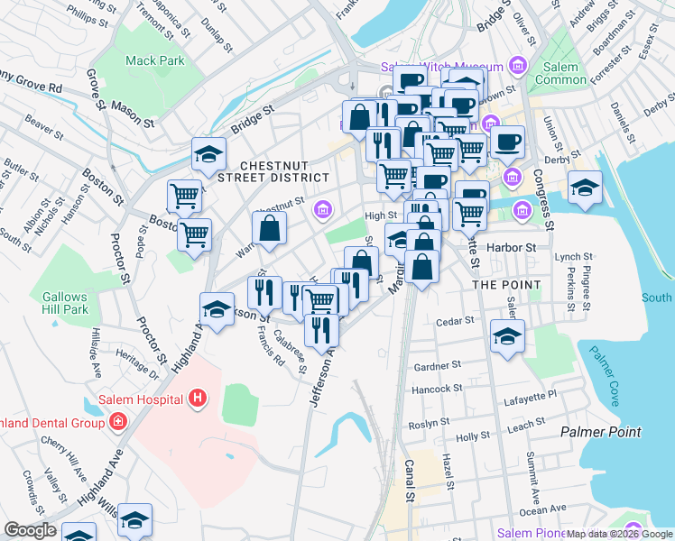 map of restaurants, bars, coffee shops, grocery stores, and more near 11 Mount Vernon Street in Salem