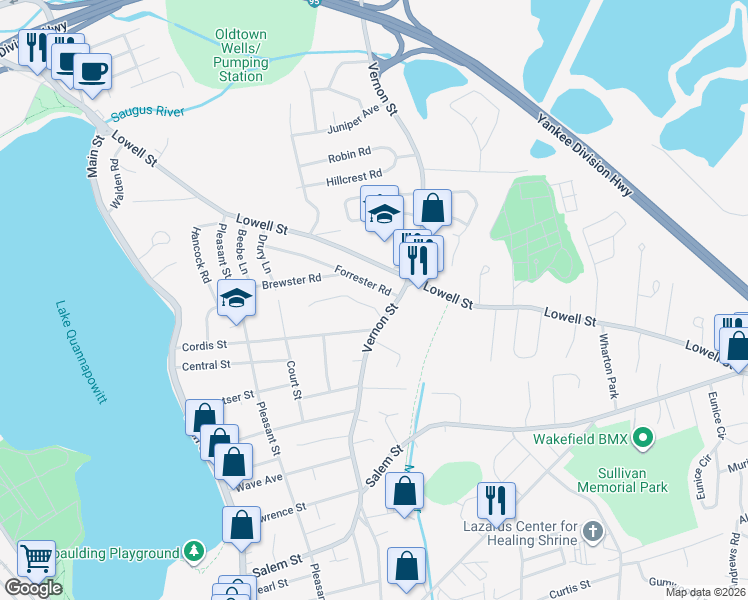map of restaurants, bars, coffee shops, grocery stores, and more near 11 Forrester Road in Wakefield