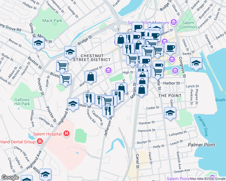 map of restaurants, bars, coffee shops, grocery stores, and more near 11 Mount Vernon Street in Salem