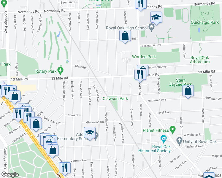 map of restaurants, bars, coffee shops, grocery stores, and more near 3213 Ferncliff Avenue in Royal Oak