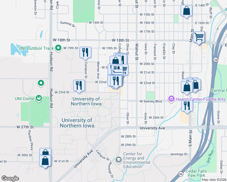 map of restaurants, bars, coffee shops, grocery stores, and more near 1010 West 22nd Street in Cedar Falls